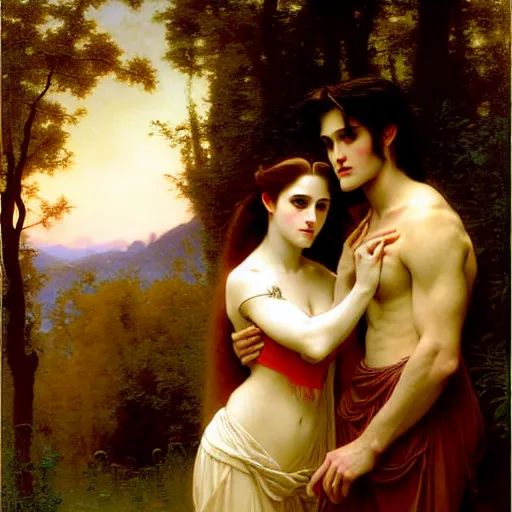 Prompt: twilight portrait of edward and bella in ancient forest by william - adolphe bouguereau in the style of gaston bussiere, art nouveau