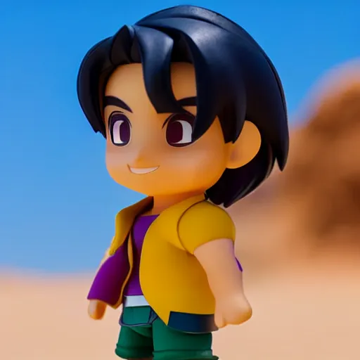 Image similar to side view of young aladdin as nendoroid running in desert village, 8 k hd dof, kodak film,