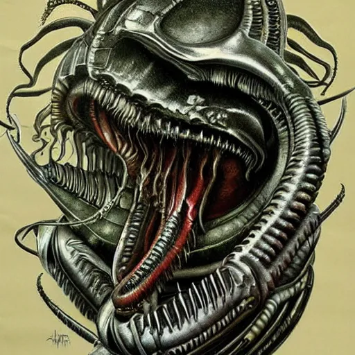 Image similar to xenomorph vs Cthulhu, avp, intricate detail, exquisite skill, hr giger, airbrush painting,