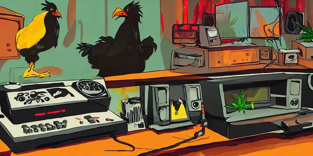 Image similar to 'black chicken'!!! smoking 'cannabis'!!!!!! in front of 'audio console'!!!! and 'multi monitors'!!!! 'in a hi-tech tv broadcasting studio'!!!!, artwork by James Gilleard