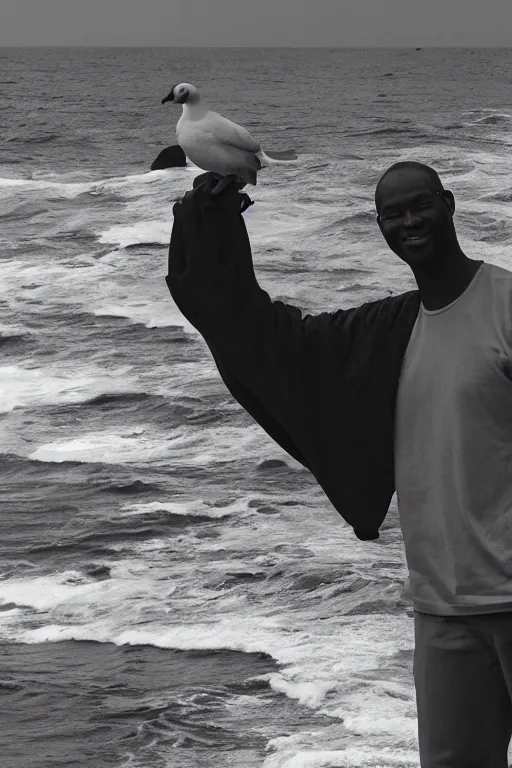 Image similar to a full - height photo of a black masculine man standing near an ocean, holding a white pigeon