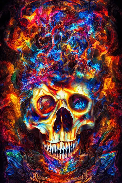 Prompt: 35 mm lens photo of chthonic scull lsd colors with sharp teeth and rgb background smoke, direct sunlight, glowing, vivid, detailed painting, Houdini algorhitmic pattern, by Ross Tran, WLOP, artgerm and James Jean, masterpiece, award winning painting