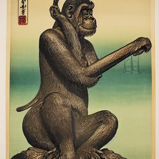 Prompt: A detailed shin-hanga print of a gigantic bronze statue of a monkey, by Hiroshi Yoshida