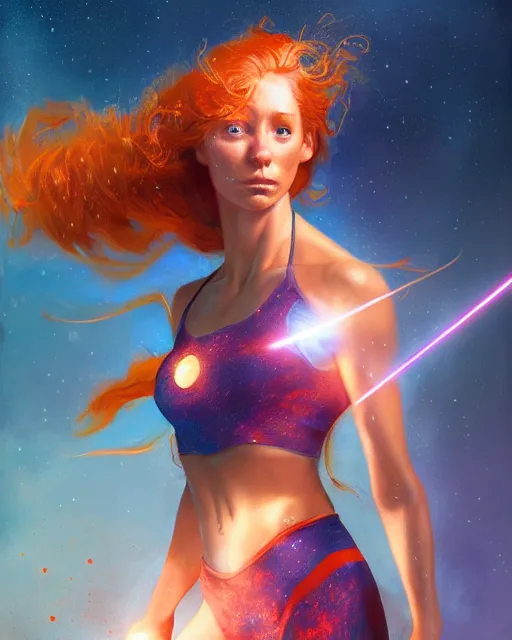 Prompt: female superhero firing laser eyes, perfect face, halter top, ginger hair, abs, cinematic, freckles, stunning, cape, athletic, strong, agile, highly detailed, psychedelic, digital painting, artstation, smooth, hard focus, illustration, art by jessica rossier and and brian froud