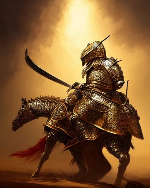 Prompt: hyper realistic side view painting of the king of the desert, angry, wide angle, gold armour, sword, dramatic lighting, intricate, wild, highly detailed, digital painting, artstation, concept art, smooth, sharp focus, illustration