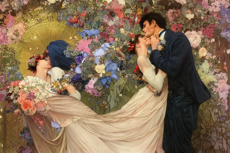 Image similar to the groom kisses the bride at a wedding full of flowers, bright and happy, dreamlike art, highly detail, 4 k realistic, wedding photoy krenz cushart. artem demura. alphonse mucha. yoji shinkawa artgerm. jon lothian. danilo torres. adi meyers. thomas reimann. gaston bussiere.