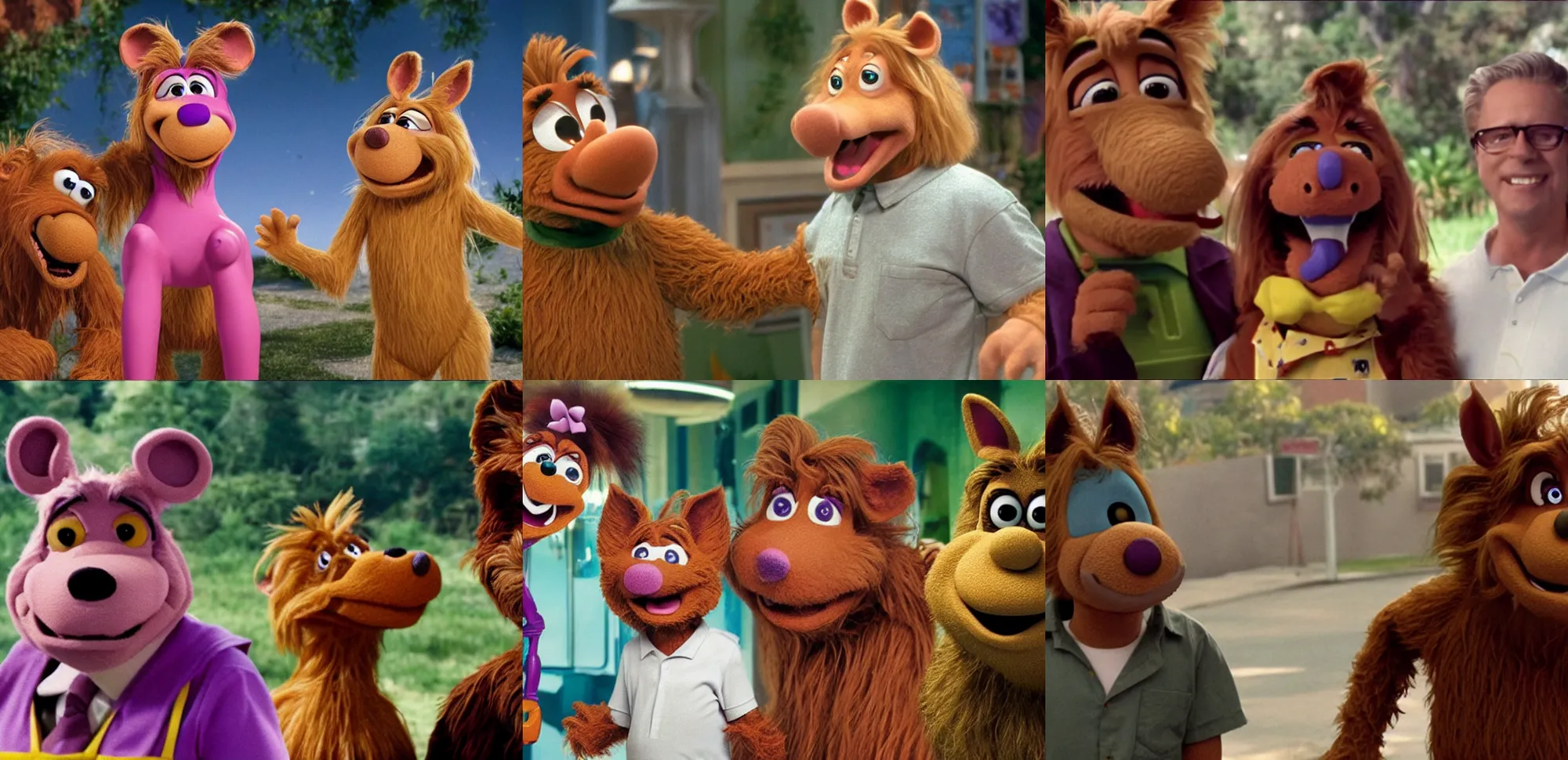 Prompt: crossover remake of Alf, still from a Disney Channel sci-fi comedy, 2015 cinematography, VFX by Framestore