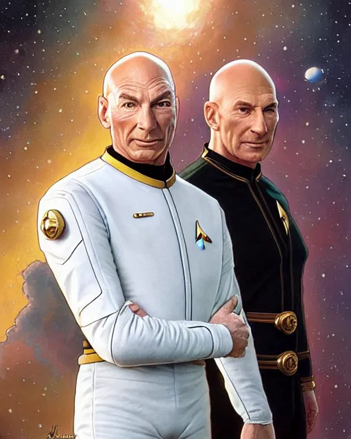 Image similar to Portrait of Jean Luc Picard & Kirk wearing spacesuits, real life skin, intricate, elegant, highly detailed, artstation, concept art, smooth, sharp focus, art by artgerm and greg rutkowski and alphonse mucha