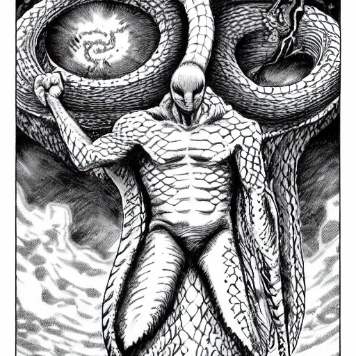 Image similar to a snake man, kentaro miura art style