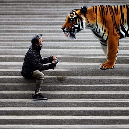 Image similar to a figure ties their shoelaces in a vast empty landscape on stairs next to a tiger catching a deer