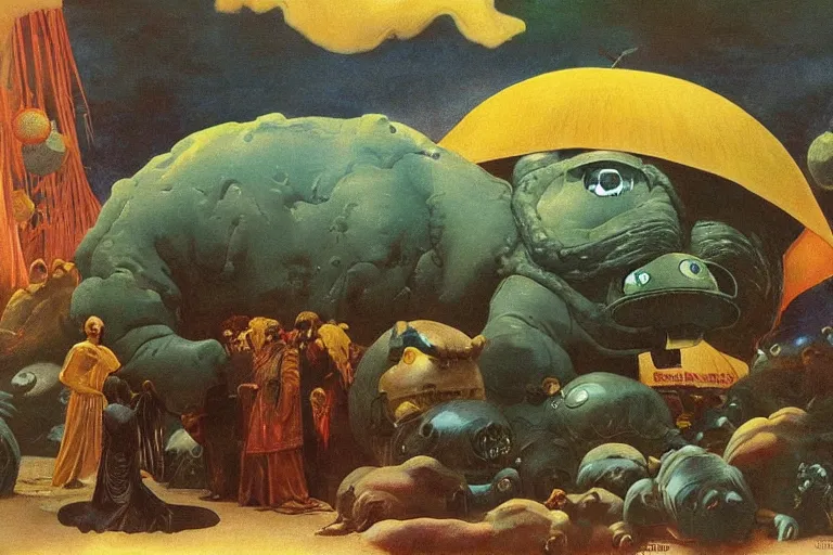 Image similar to a palanquin on top of a giant tardigrade retro japanese monster slimy leather, extra wide, oil painting, 7 0 s vintage art, by georgia o keeffe, by gustave dore, by frank frazetta, nausicaa