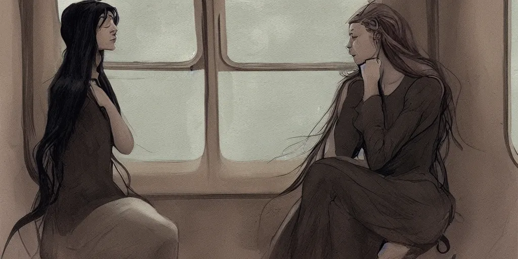 Prompt: a beautiful painting of a sad woman on a train by abigail larson, trending on artstation