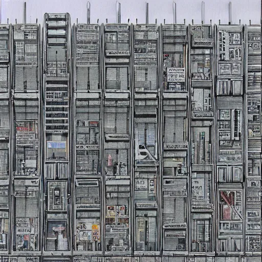 Prompt: recursive modular brutalist city building, Ron cobb, Yoshitaka Amano