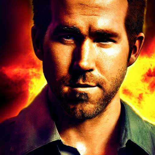 Image similar to a portrait of a Ryan Reynold as a John constantine, DC, yellow aura, magic, fantasy, HDR, natural light, shoulder level shot, dynamic pose, demons, award winning photograph, Mucha style 4k,