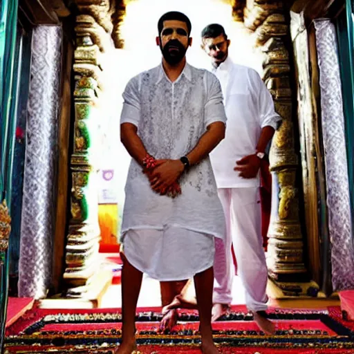 Prompt: photograph of drake the rapper, standing in a hindu kovil