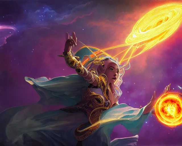 Image similar to extreme cosmic power, wizard casting the biggest greatest brightest destructive fireball in the world, deep focus, d & d, fantasy, intricate, elegant, highly detailed, digital painting, artstation, concept art, matte, sharp focus, illustration, hearthstone, art by artgerm and greg rutkowski and alphonse mucha