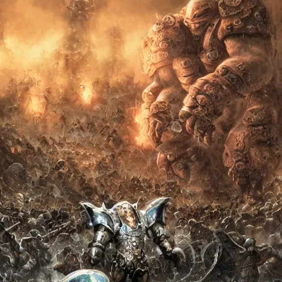 Prompt: moonstone, armoured chaos golem still frame from warhammer movie, legendary magical crystal construct by wayne barlowe, crystal golem fighting vast army by jakub rozalski, metal couture moonstone lightning elemental by malczewski