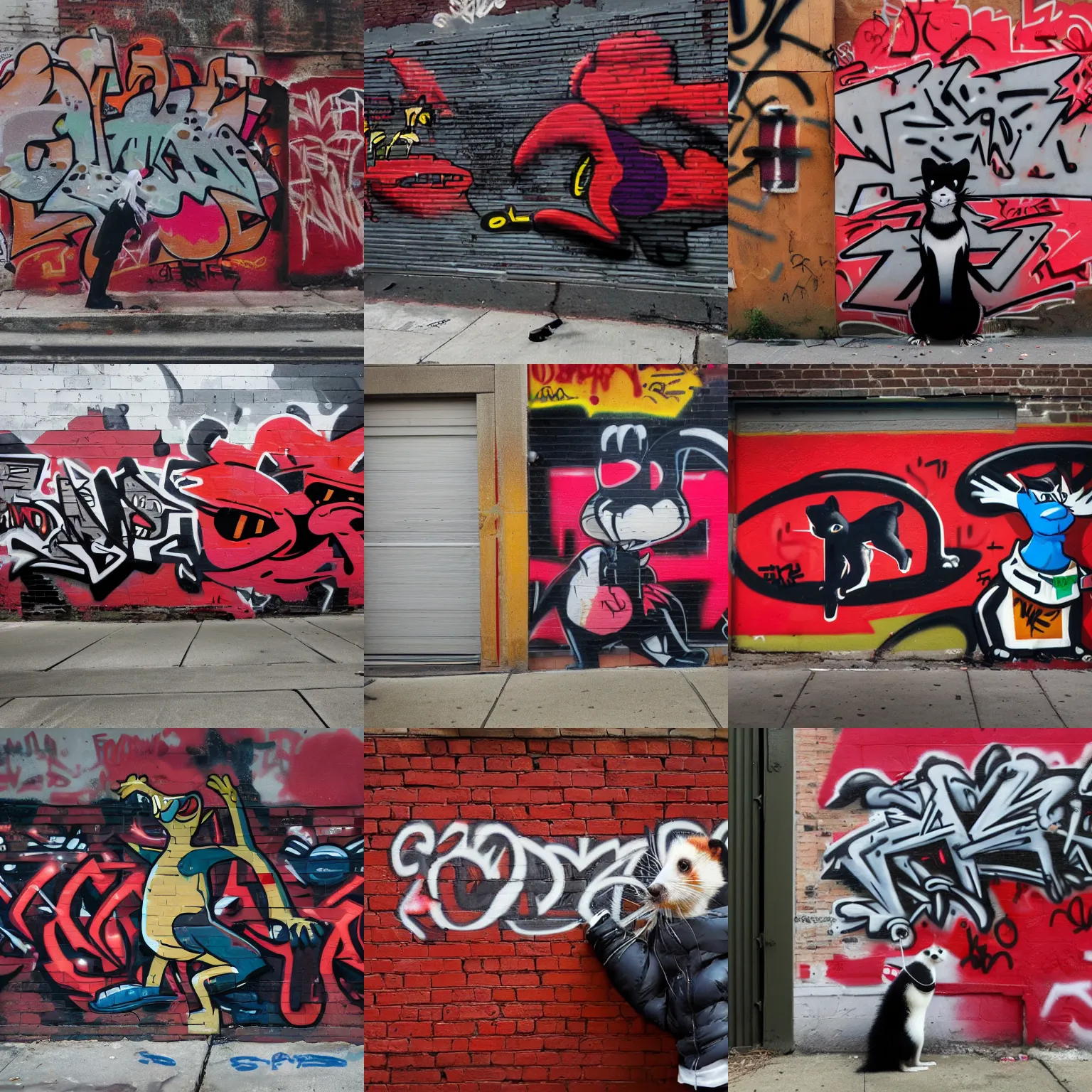 Prompt: photo [ far ], subject [ furry _ fandom _ fursona _ original _ character ( red - black, anthropomorphic _ humanoid _ furry, weasel - ferret - stoat ) ], medium [ graffiti, wall ], location [ chicago ( alley ) ]