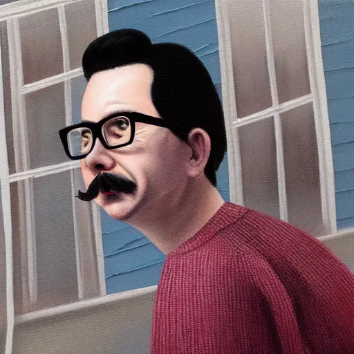 Image similar to An Oil Painting of the back view of Rivers Cuomo in a sweater with long hair and a mustache sweating bullets as he looks outside his window in front of him in his apartment to see kim jong un's nukes falling onto the city, hyperrealistic, extremely realistic, highly realistic, HD Quality, 4k resolution, 8k resolution, Detailed, Very Detailed, Highly Detailed, Extremely Detailed, Intricate Details, Real, Very Real, Oil Painting, Digital Painting, Painting, Trending on Deviantart, Trending on Artstation