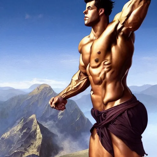 Image similar to ultra realistic illustration, a very tall and muscular gigachad flexing on top of a mountain, zyzz pose, intricate, elegant, highly detailed, digital painting, artstation, concept art, smooth, sharp focus, illustration, art by artgerm and greg rutkowski and alphonse mucha