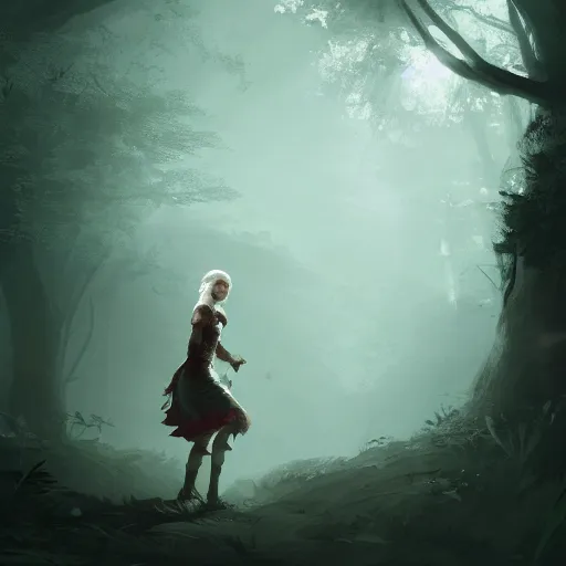 Image similar to Ciri in a dark forest, fantasy art, trending on artstation, by Greg Rutkowski, vector art, 4k