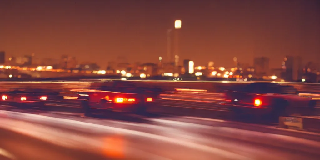 Image similar to 8 0 s movie still, high speed car chase on the highway at night with bright city in background, medium format color photography, 8 k resolution, arri 3 5 mm cinema, hyperrealistic, photorealistic, high definition, highly detailed, tehnicolor, anamorphic lens, award - winning photography, masterpiece