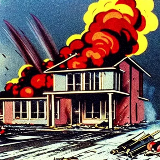 Image similar to color photo from the 80s, the shelling of a house in New York by Soviet soldiers, epic style, a bunch of explosions, realistic style