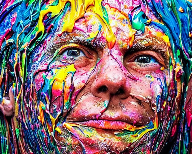 Image similar to still shot close up footage of the portrait of a human head made of acrylic pour and splashing paint and paint explosion and dripping paint and flying paint chunk, motion blur, hyperrealistic, medical, intricate art photography, anatomically correct, realistic crisp textures, 1 6 k