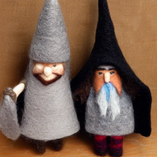 Image similar to Gandalf and Frodo made out of wool