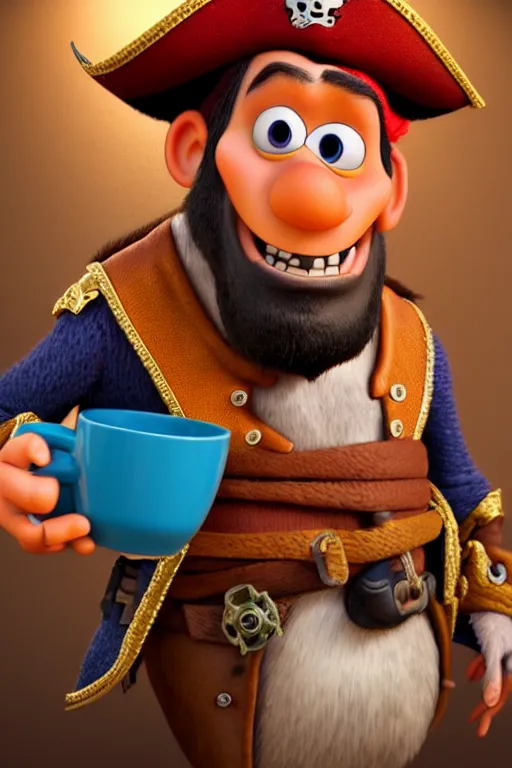 Prompt: portrait of the pirate blackbeard very expressive holding a cup of coffee, full body with a pirate ship on background. pixar disney 4 k 3 d render funny animation movie oscar winning trending on artstation and behance. ratatouille style.