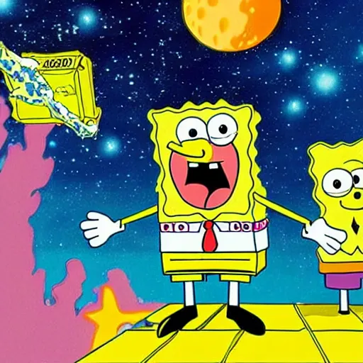 Image similar to spongebob hanging out in space with his friend patrick starr