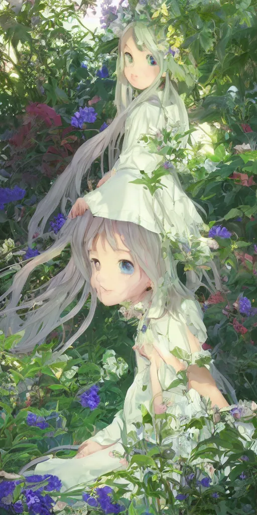 Image similar to a digital art full of atmosphere of a loli with long hair in a dress in the privet garden at after noon, green and warm theme, blue accents, low angle, back lighting, highly detailed, 4 k resolution, trending on art station, by krenz cushart and mucha and akihito yoshida and greg rutkowski and makoto shinkai