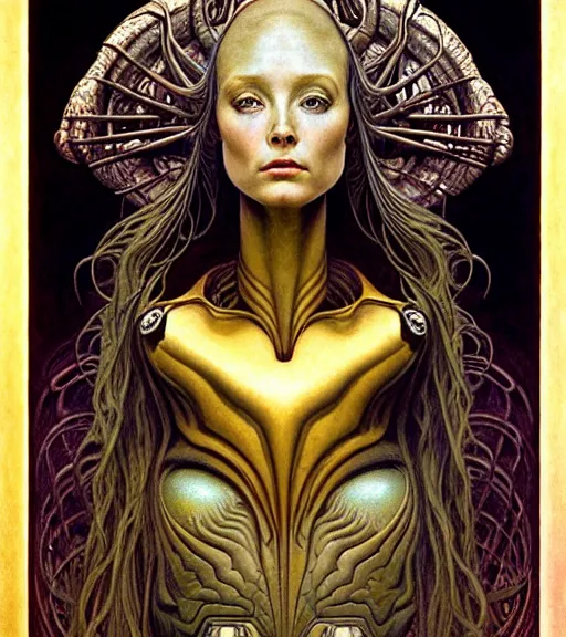 Image similar to detailed realistic beautiful young cher alien robot as queen of mars face portrait by jean delville, gustave dore and marco mazzoni, art nouveau, symbolist, visionary, baroque, concept. horizontal symmetry by zdzisław beksinski, iris van herpen, raymond swanland and alphonse mucha. highly detailed, hyper - real, beautiful