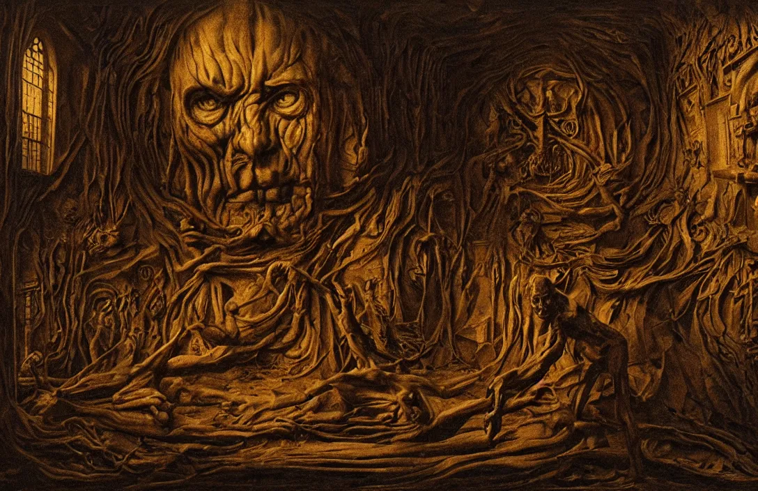 Prompt: the rules of proportion, scale, and perspective are disregarded symbolic intact flawless ambrotype from 4 k criterion collection remastered cinematography gory horror film, ominous lighting, evil theme wow photo realistic postprocessing the precision of drawing makes the final effect that of a shallow relief sculpture jan van der heyden painting by claude gellee