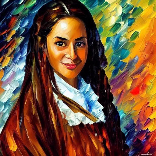 Prompt: portrait of a middle aged ancient noblewoman with a pretty face, brown skin and long brown hair. by leonid afremov