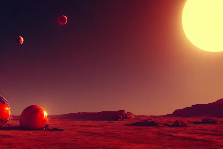 Prompt: a desert world planet with a crashed spaceship. 3 moons in the sky. hyper-realistic photo artistic trending on artstation beautiful scenic octane render reddish hue highly detailed, 8k, epic composition