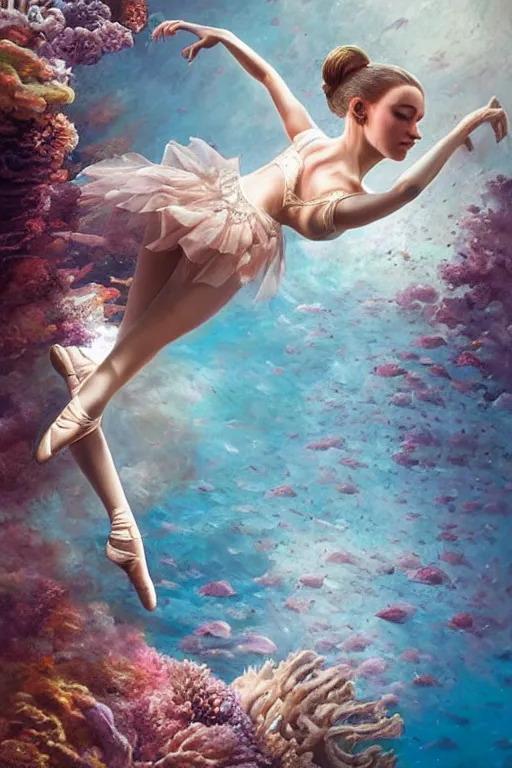 Image similar to stunningly beautiful, ballerina at the bottom of the great barrier reef by jaques cousteau, smooth, focus, highly detailed, hyper realistic, intricate, concept art, art by wlop