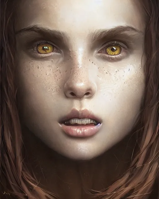 Image similar to symmetry!! portrait of 1 5 - year - old girl with voluminous bushy brown hair, large front teeth, and bright piercing brown eyes, hyper realistic face, beautiful eyes, fantasy art, in the style of greg rutkowski, intricate, hyper detailed, smooth