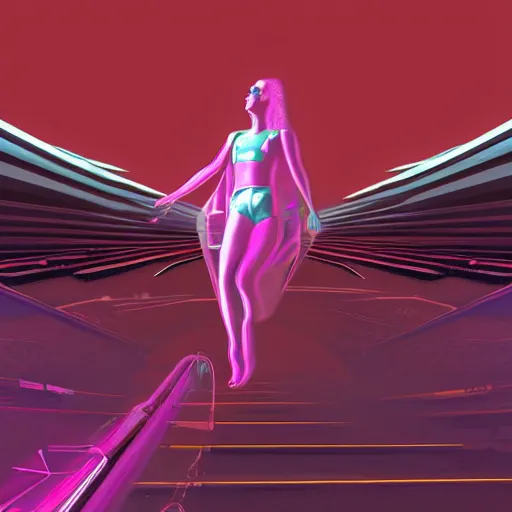 Image similar to A wide angle shot from below of a feminine body walking with swagger towards camera on mars in an infinite universe , synthwave digital art