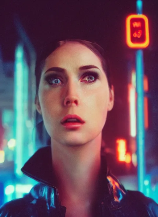 Image similar to A hyper realistic and detailed head portrait photography of a Rachael of Blade Runner on a futuristic street. by Cameron Hammond. Neo noir style. Cinematic. neon lights glow in the background. Cinestill 800T film. Lens flare. Helios 44m