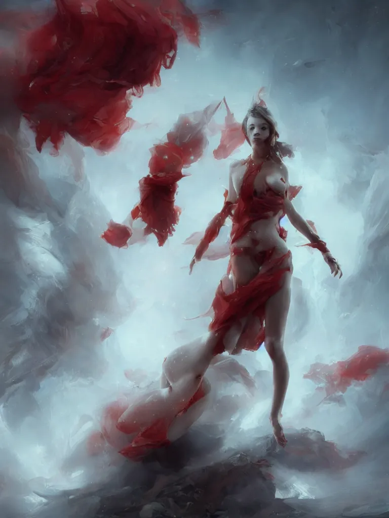 Image similar to expressive full body photo beautiful nymph floating above the permafrost in a cloud of red ether, 3 d render, hyper realistic detailed portrait, ruan jia, wlop. scifi, fantasy, hyper detailed, decolletage, confident pose, octane render, concept art, peter mohrbacher