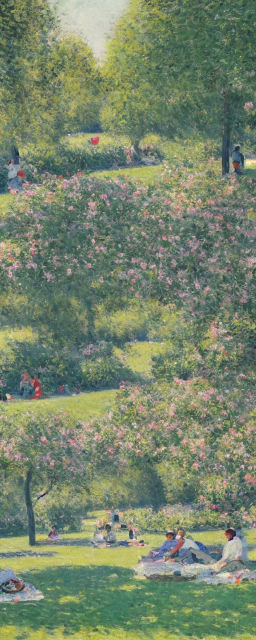 Prompt: a beautiful park in full bloom, people on a picnic, noon, Gustave Caillebotte, artstation, 8k