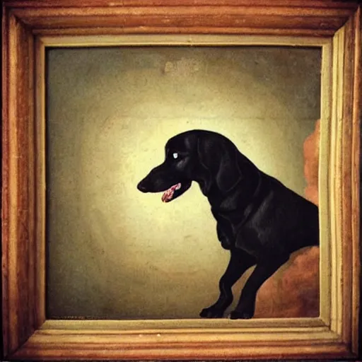 Prompt: “Renaissance Portrait of a big happy black dog”