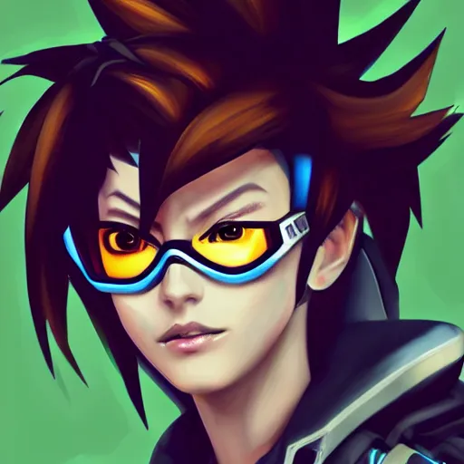 Image similar to digital portrait painting of tracer overwatch, full body, wearing spiked collar, black outfit, detailed face, detailed eyes,