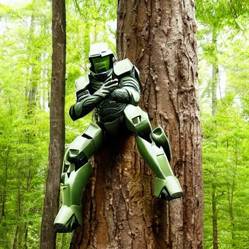 Image similar to master chief riding a tree in the middle of a forest while thr forest is burning down