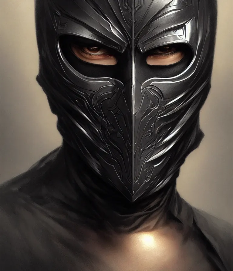 Image similar to ultra realistic illustration, a male with black mask, black t - shirt, intricate, elegant, highly detailed, digital painting, artstation, concept art, smooth, sharp focus, illustration, art by artgerm and greg rutkowski and alphonse mucha