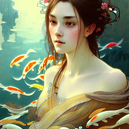 Image similar to Portrait of a girl surrounded by Koi fish, face, fantasy, intricate, elegant, highly detailed, digital painting, artstation, concept art, smooth, sharp focus, illustration, art by Krenz Cushart and Artem Demura and alphonse mucha