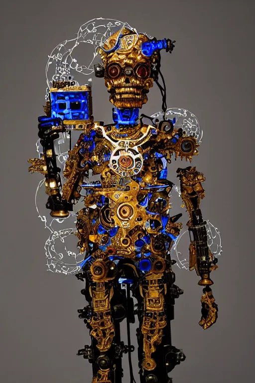 Image similar to full-body baroque and cyberpunk style sculpture of a young handsome Spanish prince half android with a chest opening exposing circuitry and a sparking motherboard, glowing blue lasert eyes, crown of mechanical gears and roses, flowing orange-colored silk, fabric, steampunk archways. baroque elements, human skull. full-length view. baroque element. intricate artwork by caravaggio. many many birds birds on background. Trending on artstation, octane render, cinematic lighting from the right, hyper realism, octane render, 8k, depth of field, 3D