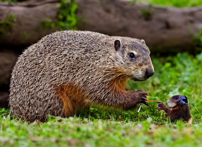 Prompt: a groundhog eating wood