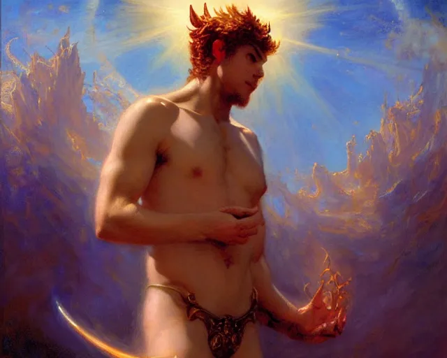 Image similar to attractive pagan male deity, summoning handsome lucifer morning star. highly detailed painting by gaston bussiere, craig mullins, j. c. leyendecker 8 k